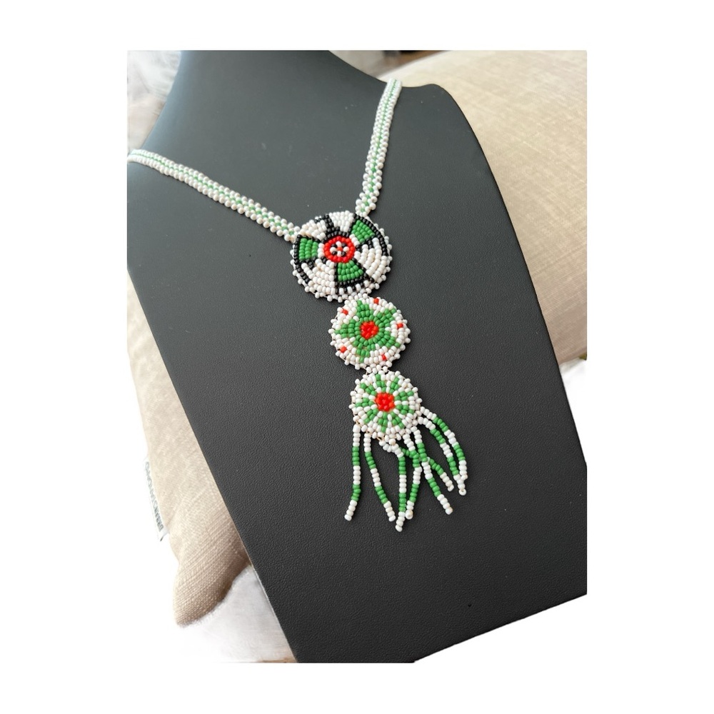 Native Thunderbird Beaded Necklace with Green and Red Accents